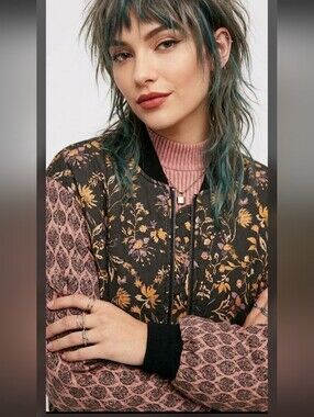 FREE PEOPLE Day Tripper Bohemian Mixed Print Bomber Muted Black Mauve L RARE